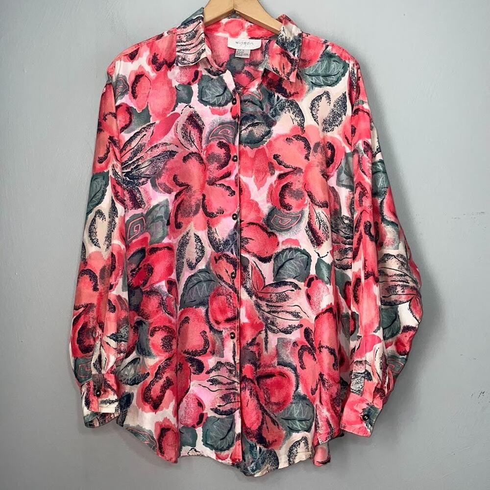Vintage Vibrant Floral 100% Silk Button Up Shirt Womens Size Medium Dopamine Art